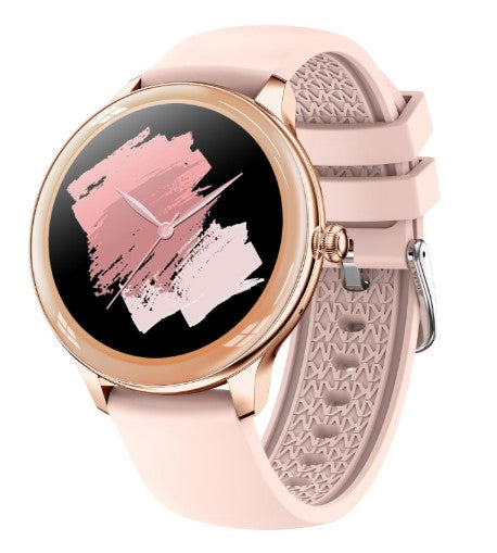 Smartwatch with a pink strap on a white background