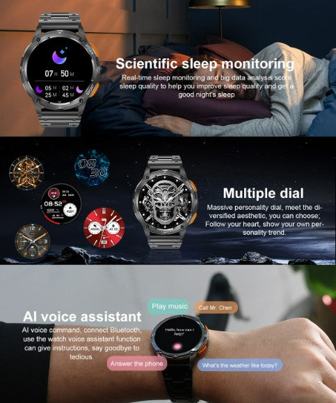 AK59 Smart Watch HD AMLOED Screen w/ health monitoring - Silver Steel Strap