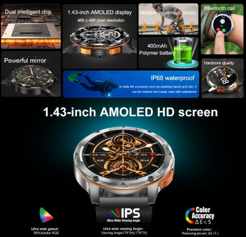 AK59 Smart Watch HD AMLOED Screen w/ health monitoring - Silver Steel Strap