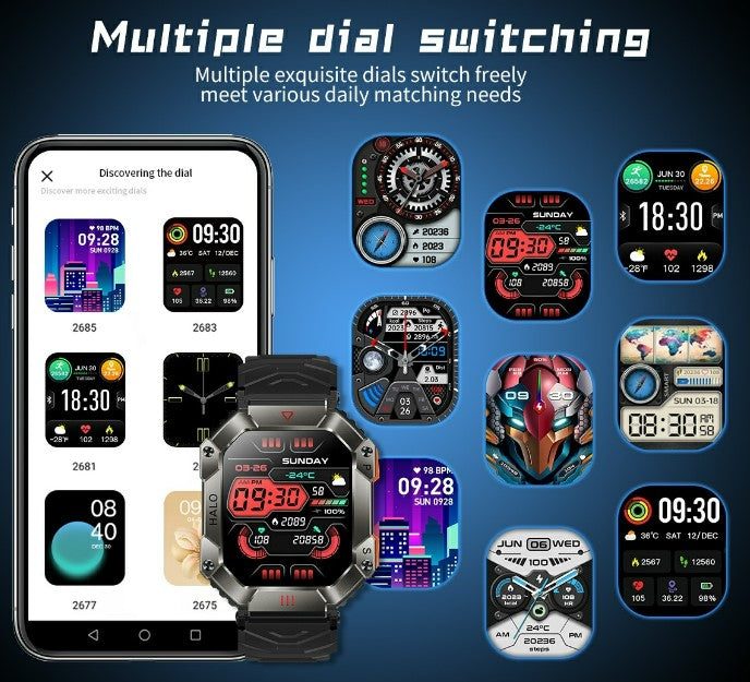 Smartwatch with various digital watch faces displayed on a smartphone screen against a blue background.