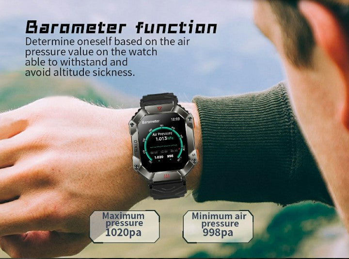 Smartwatch with barometer function displayed on a person's wrist, set against a scenic background.