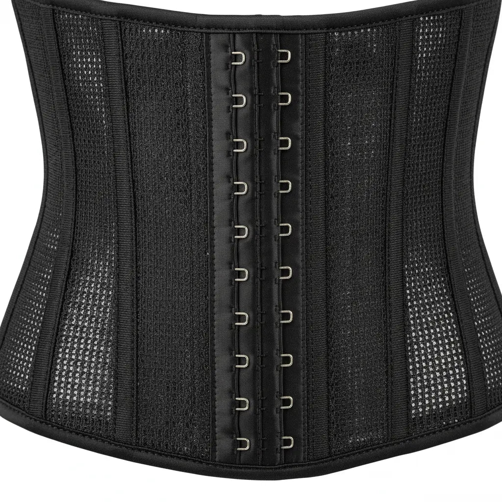 Black waist trainer with mesh panels on a white background