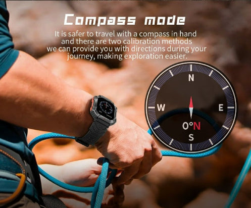 Person wearing a smartwatch with compass mode feature, surrounded by nature.