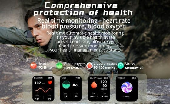 Person in a green jacket with health monitoring app interface on screen