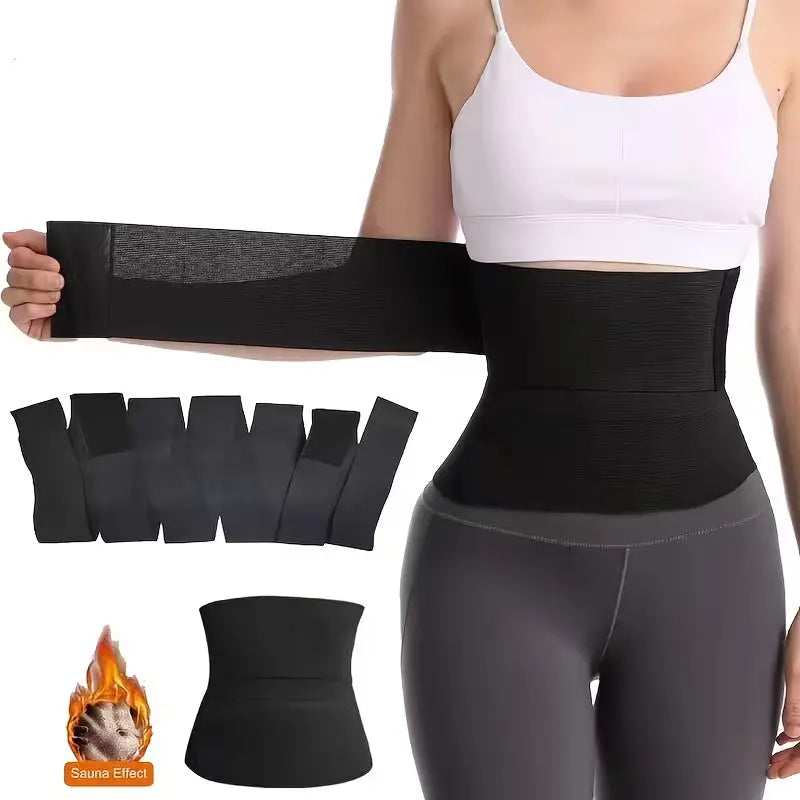 Person wearing a black waist trainer with additional straps displayed on a white background