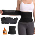 Person wearing a black waist trainer with additional straps displayed on a white background