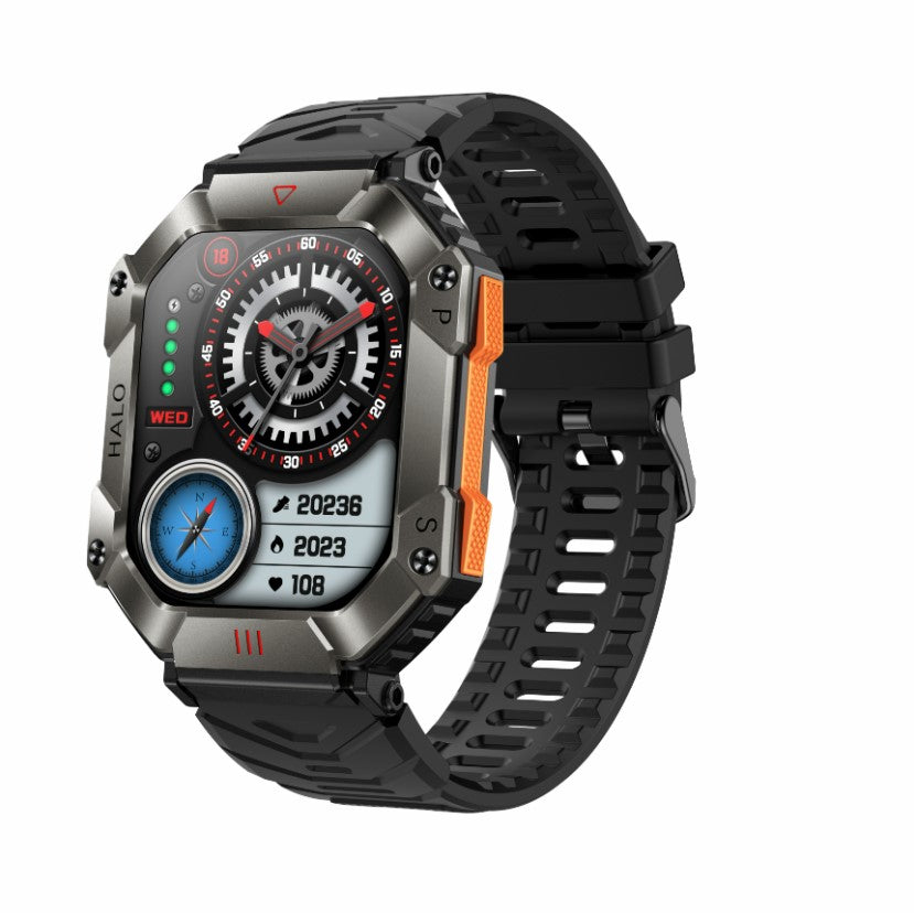 Smartwatch with a black and orange strap on a white background