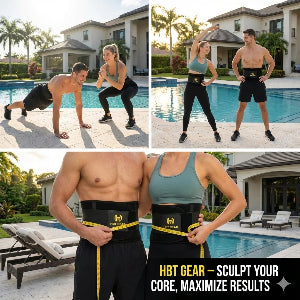 Three different pictures of a couple using theHBT Gear Waist Trainer for body scuplitng
