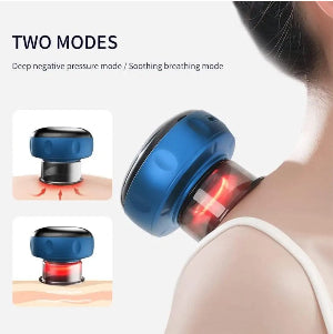 Blue neck massager device on a person's neck with text about two modes.