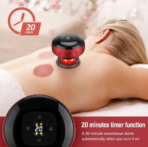 Person receiving neck massage with a handheld massager, featuring a 20-minute timer.