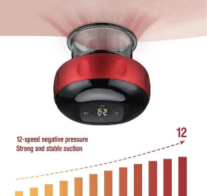 A red and black cupping device with a digital display on a white background, featuring text about suction power - 12 speed negative pressure.