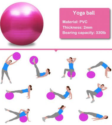 Pink yoga ball with exercise illustrations and product details on a white background