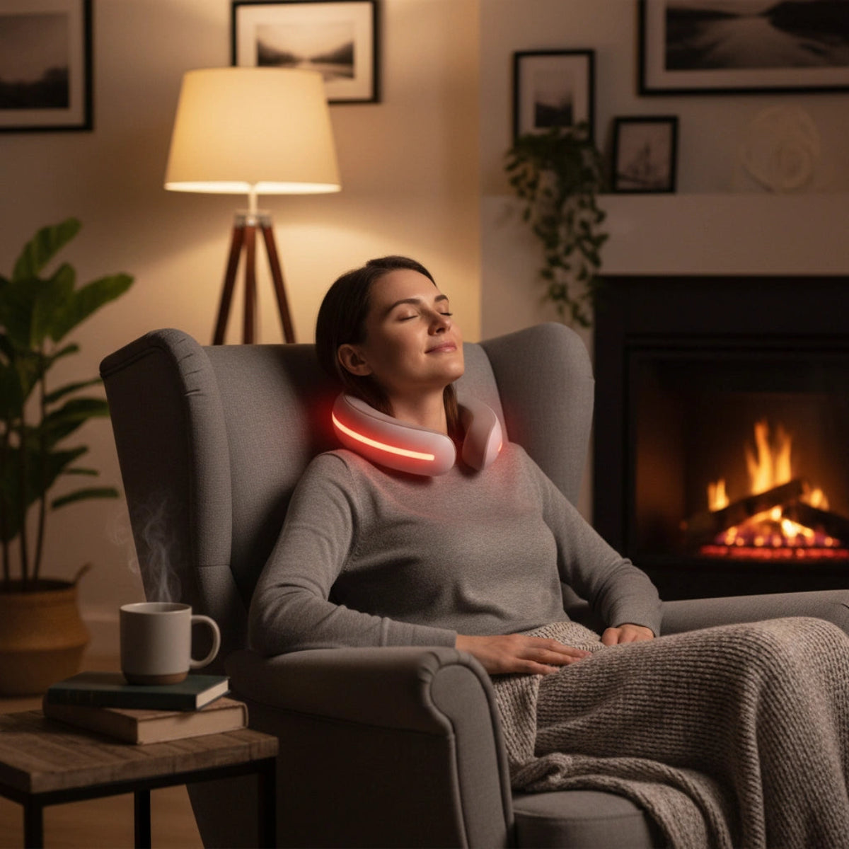 Woman relaxing in a cozy living room with a neck massager, fireplace, and lamp.