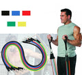 Man holding resistance bands with color options displayed above him.5 Colours