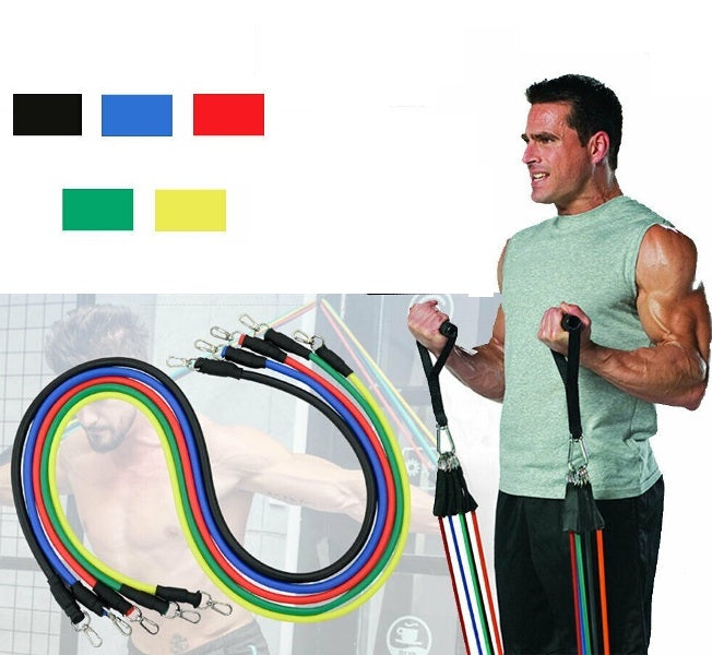 Man holding resistance bands with color options displayed above him.5 Colours