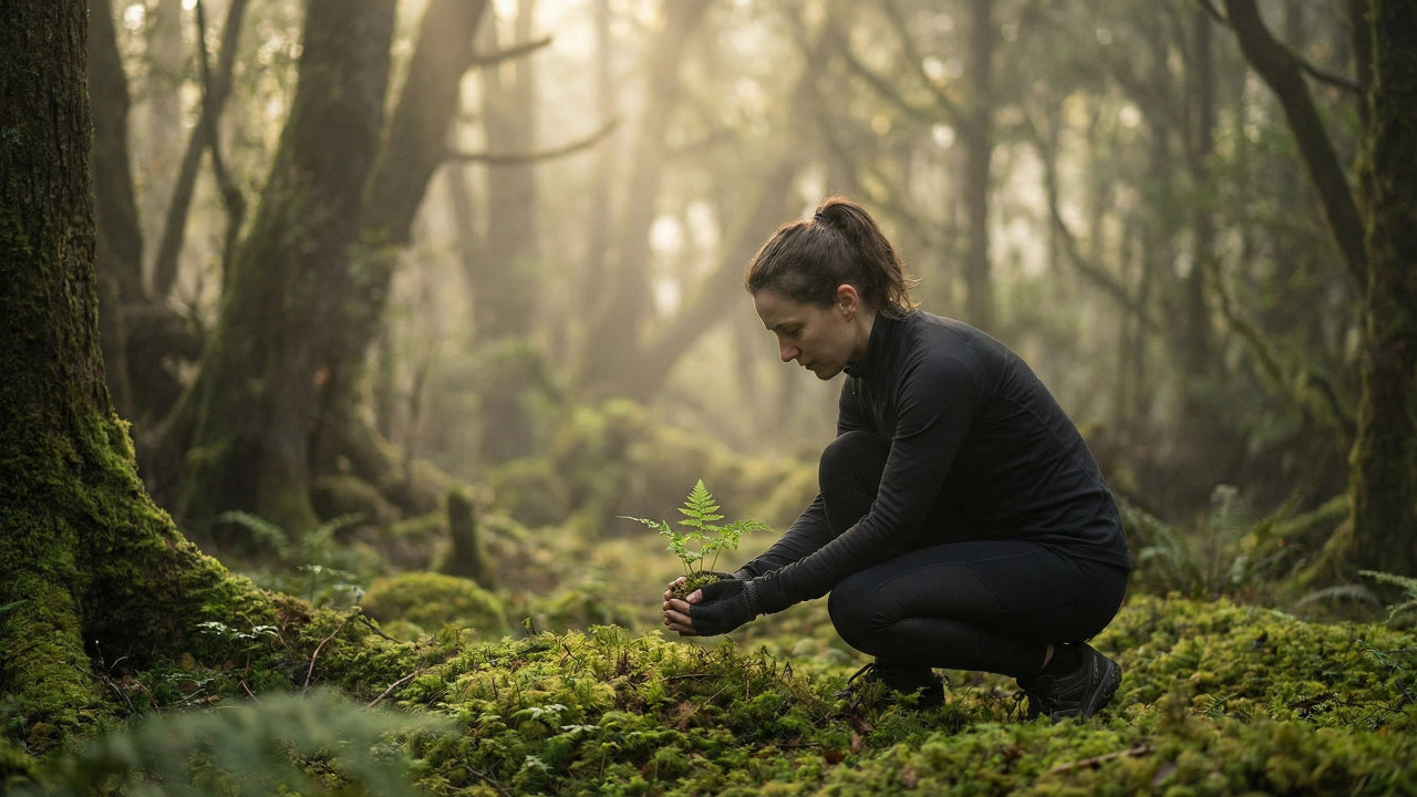 Person planting a tree in a misty forest