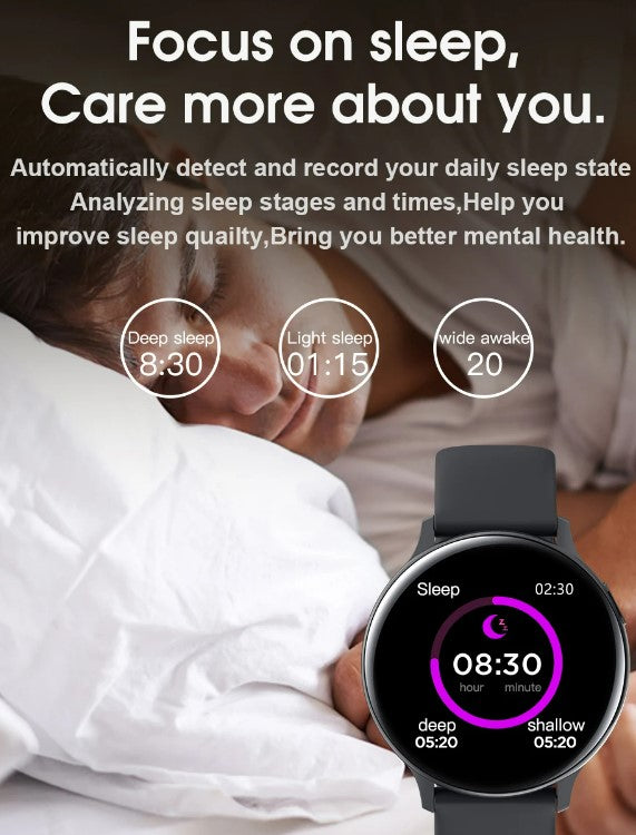 Smartwatch displaying sleep analysis on a person lying in bed, with text about sleep tracking features.