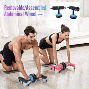 Two people using an abdominal wheel on a wooden floor.