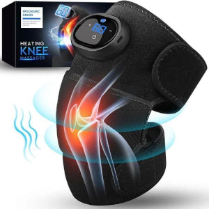 Heating knee massager with digital display and packaging on a white background