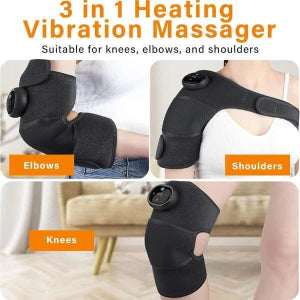 3-in-1 heating vibration massager for knees, elbows, and shoulders with text on a white background.