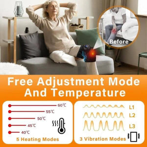 Woman using a heating pad with text about adjustable temperature and modes on an orange background.