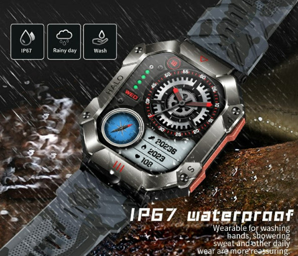Wristwatch with a rugged design and IP67 waterproof feature, shown in a rain scene.