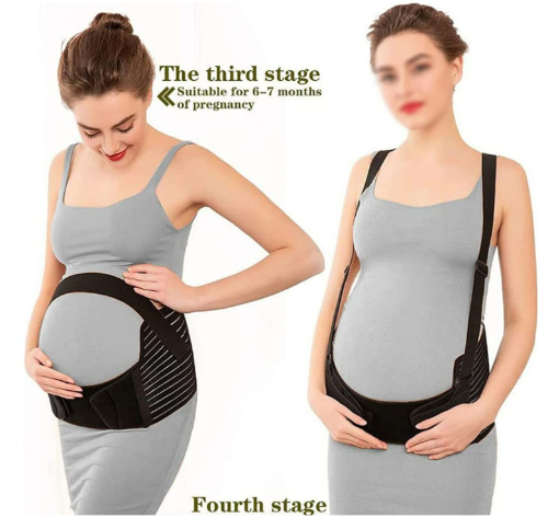 Pregnant woman wearing a black maternity belt with text indicating it's suitable for third stage of pregnancy.