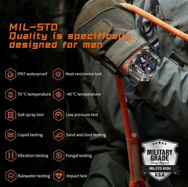 Watch with military-grade features and text highlighting quality for men.