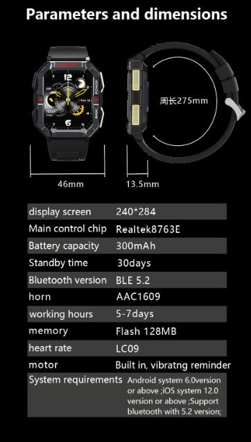 Technical specifications of a smartwatch displayed on a black background
