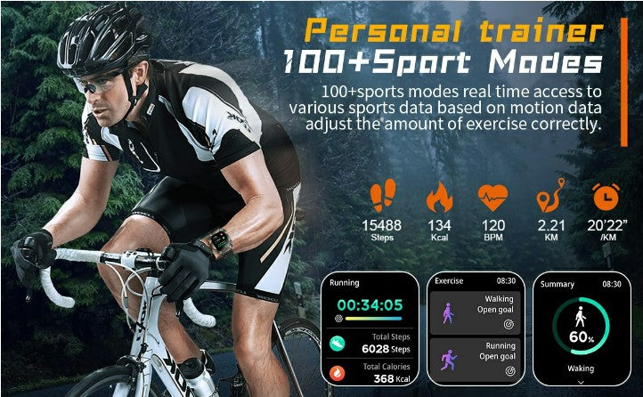 Person cycling outdoors with fitness tracker interface overlay