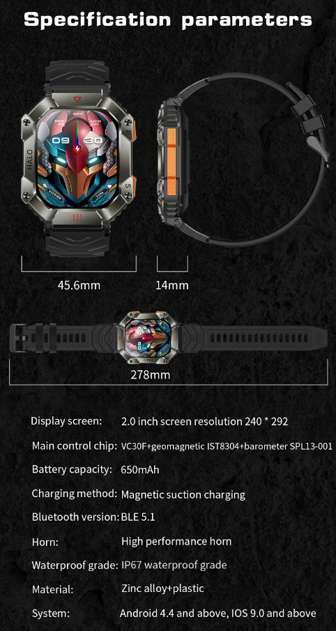 Smartwatch with detailed specifications on a black background