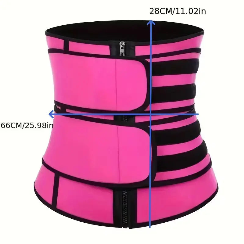 Pink and black waist trainer with measurements on a white background