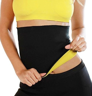 Person wearing a black waist trainer with yellow top