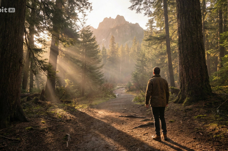 Person walking along a path in a forest with sunlight filtering through the trees