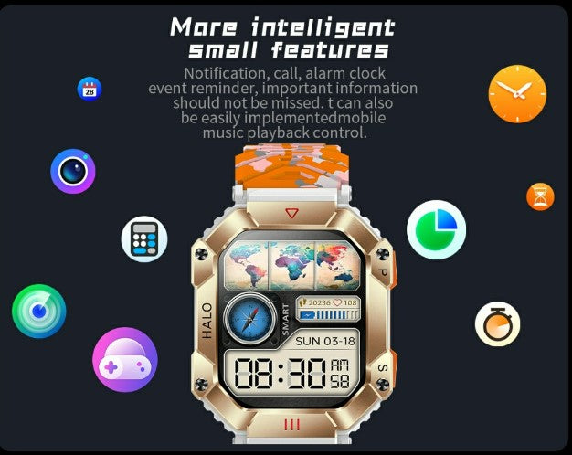 Smartwatch with digital display and colorful band on a dark background with icons and text.