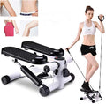 Woman using a step machine with resistance bands, showing before-and-after images of her waist and legs.