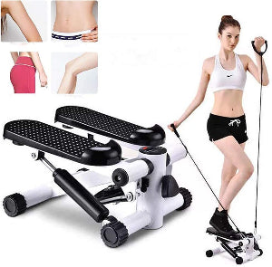 Woman using a step machine with resistance bands, showing before-and-after images of her waist and legs.