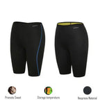 Black swim shorts with blue and yellow accents on a white background