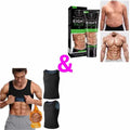 Product packaging and images of a waist trainer with a man wearing it, showing before and after results.