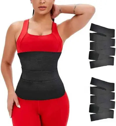 Lady in red wearing waist trainer belt - corset wrap black.