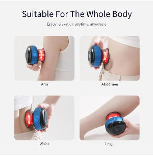 Handheld  cupping massager device being used on different parts of the body with text indicating suitability for the whole body.