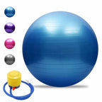 Blue exercise ball with a pump on a white background