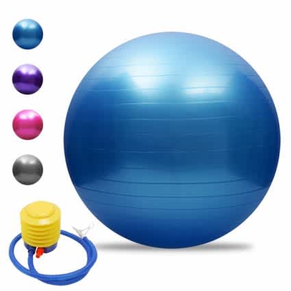 Blue exercise ball with a pump on a white background