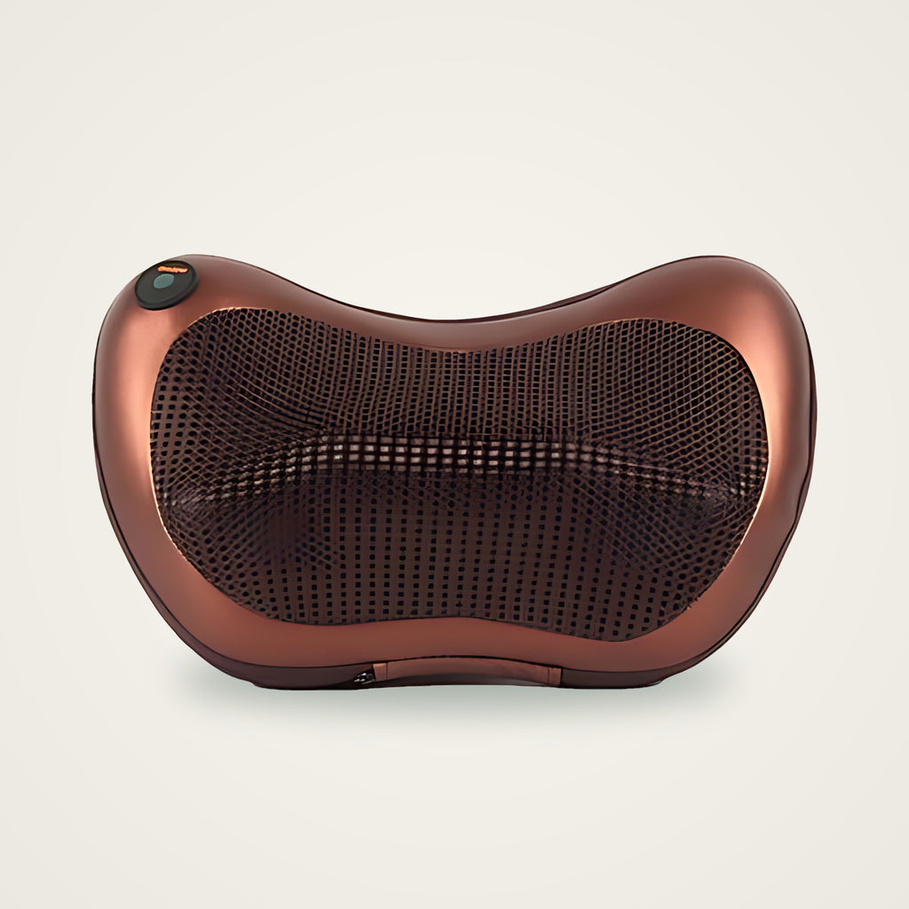 Rose-bronze Car & Home Massage Pillow with black mesh massage surface, front view on ivory