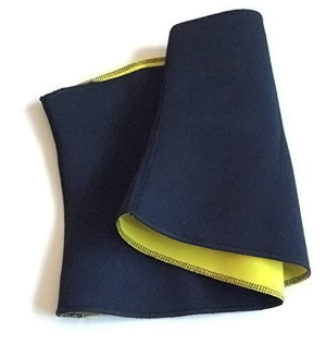 Folded dark blue sauna waist trainer with yellow interior on a white background