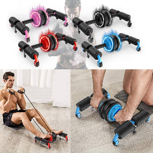 Multifunctional exercise tool with colorful rollers, used for leg and arm exercises, on a white background.