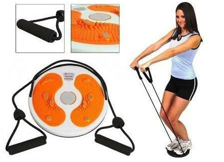 Woman exercising with a fitness wheel and resistance bands, with close-up insets of the equipment.