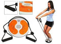 Woman exercising with a fitness wheel and resistance bands, with close-up insets of the equipment.