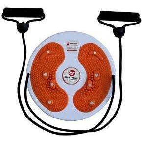 Orange exercise disc with black handles on a white background