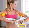 Woman using an arm exercise machine with highlighted sore muscles on a neutral  background Corewell Collective